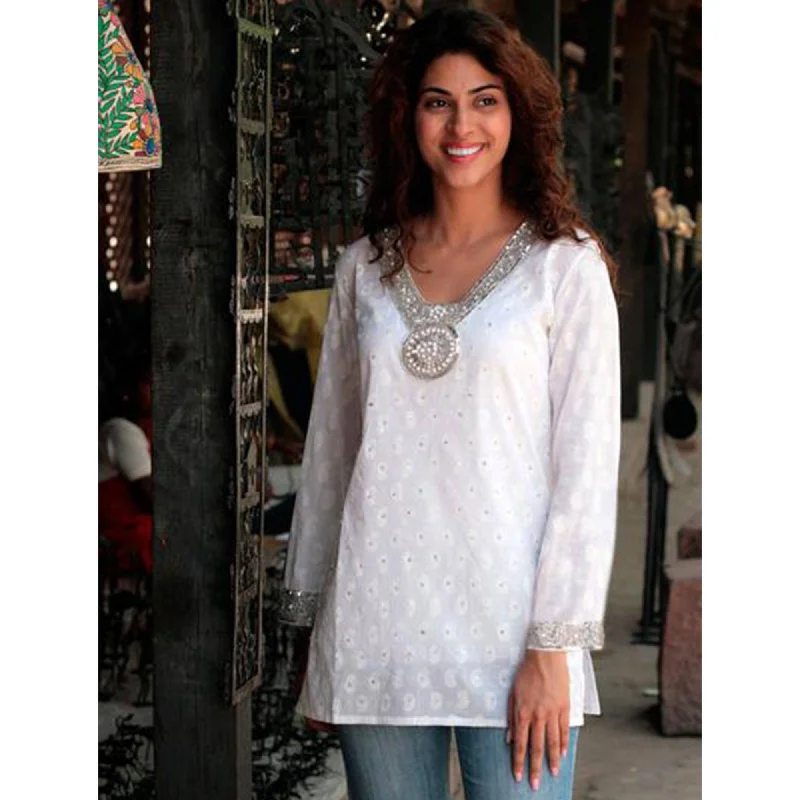 Dazzling White Cotton Beaded Blouse Drape Neck Blouse