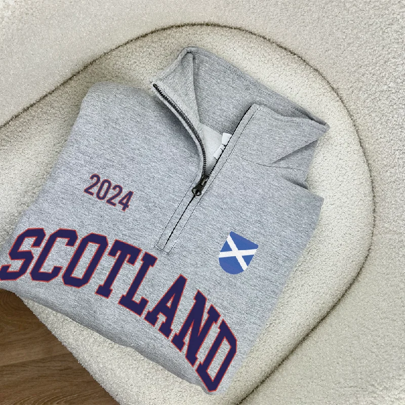 Scotland Varsity Quarter Zip Up Sweatshirt Hoodie with Raw Hem Edgy Unfinished