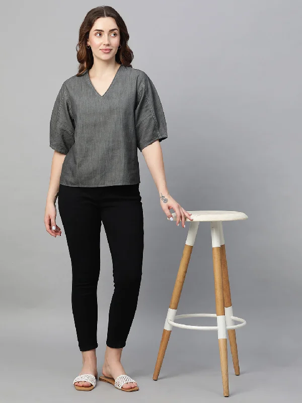 Women's Grey Cotton Regular Fit Blouse Drape Neck Blouse
