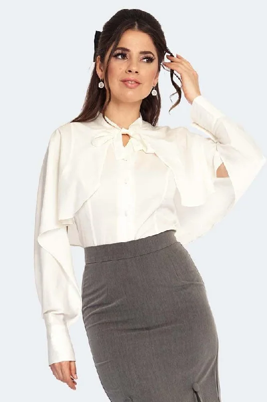 Cape Sleeve Tie Neck Blouse Pleated Collar Blouse