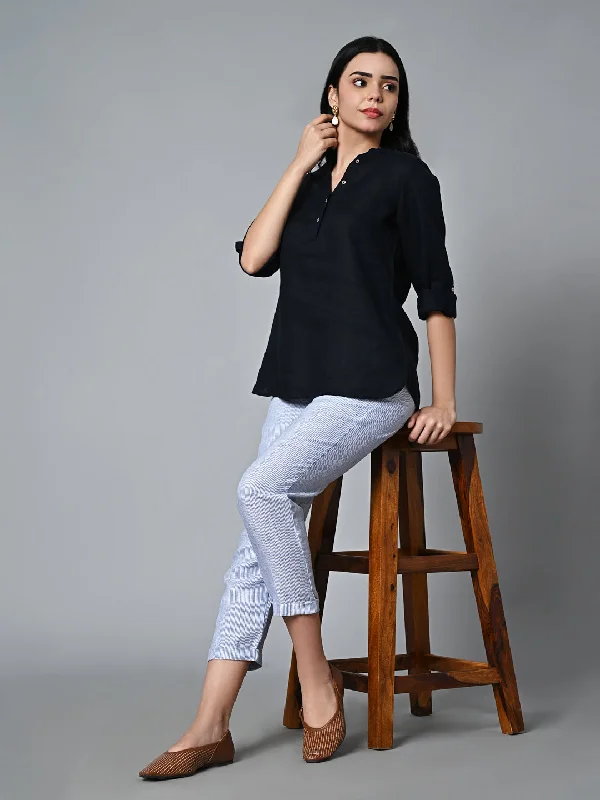 Women's Navy Linen Regular Fit Blouse Stretchy Fitted Blouse