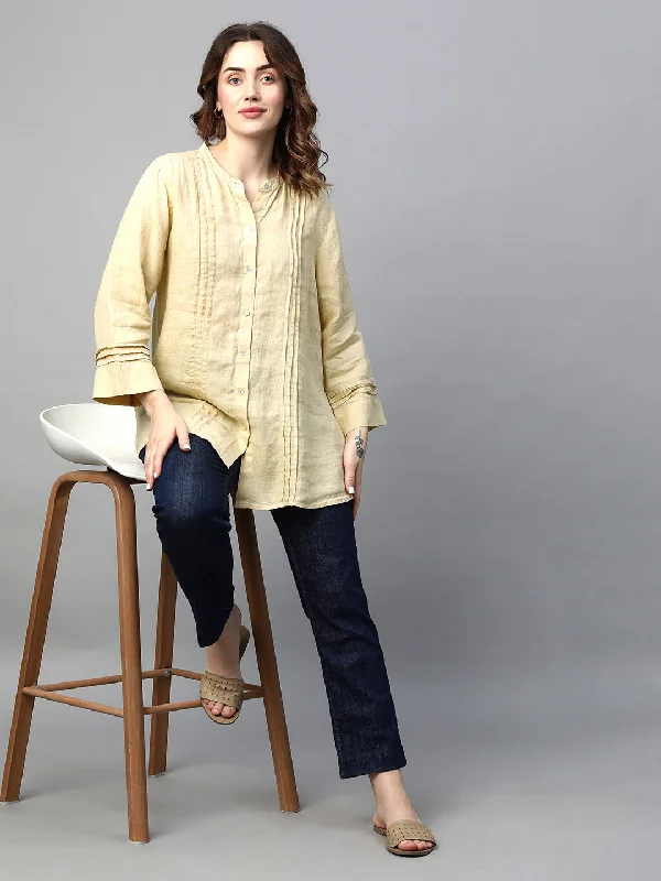 Women's Beige Linen Regular Fit Blouse Classic White Blouse