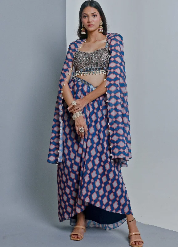 Muted Blue Embellished Blouse With Georgette Drape Skirt And Cape Embroidered Floral Blouse