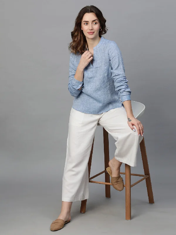 Women's Navy Linen Regular Fit Blouse Stylish Wrap Blouse