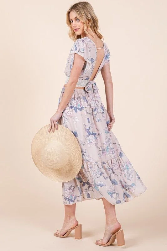Floral Print Skirt Set with Tie Back Blouse Chic Sleeveless Blouse