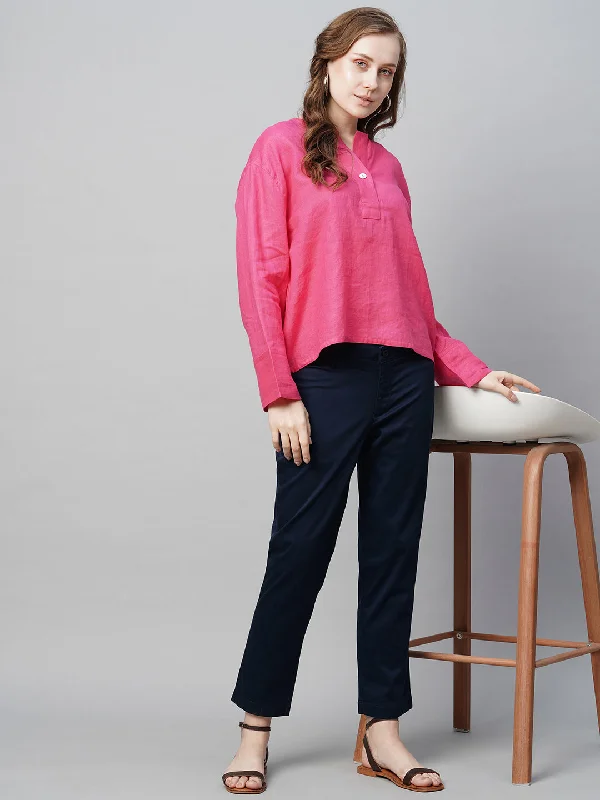 Women's Pink Linen Regular Fit Blouse Smart Casual Blouse