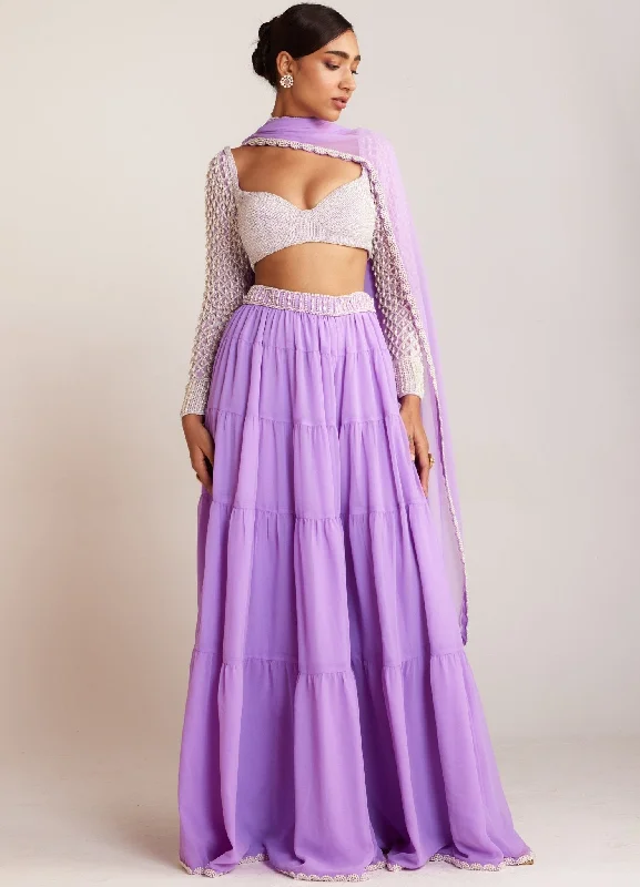 Lilac Georgette Sharara Set With Pearl Drop Full Sleeved Blouse Sweetheart Neck Blouse