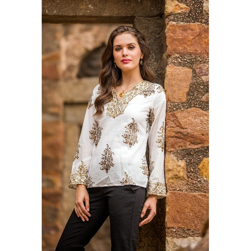 Festive Floral Paisley Zari Blouse Pleated Collar Blouse