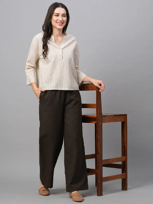 Women's Khaki Cotton Linen Regular Fit Blouse Asymmetric Hem Blouse