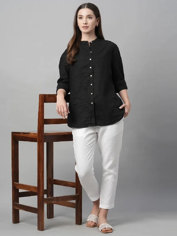 Women's Black Linen Loose Fit Blouse Delicate Bow Blouse