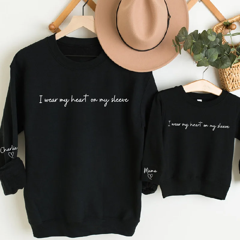 Heart On Sleeve Mum Matching Personalised Shoreline Sweatshirts- Black Hoodie with Pastel Soft Subtle