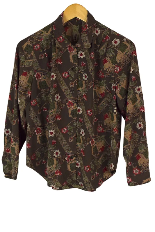 Reworked Elephant Print Blouse Mandarin Collar Blouse