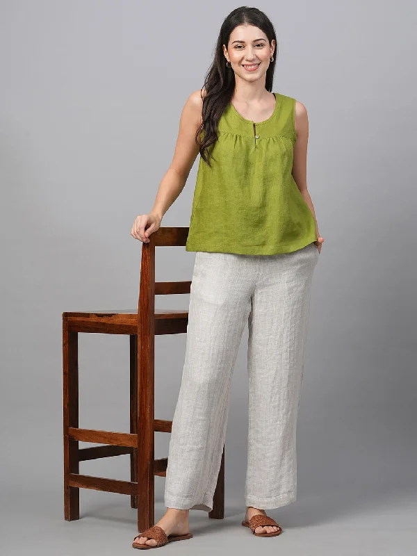 Women's Green Linen Regular Fit Blouse High Neck Blouse