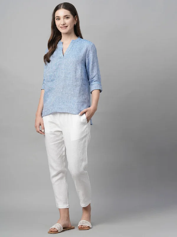 Women's Blue Linen Regular Fit Blouse Chic Ruffle Blouse