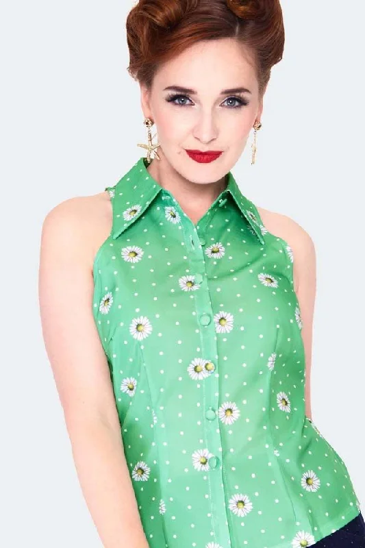 Daisy And Polka Dot Sleeveless Blouse Pastel Color Blouse