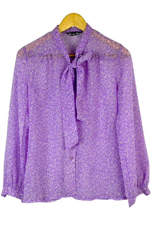 Purple Floral Print Blouse Semi-Sheer Blouse