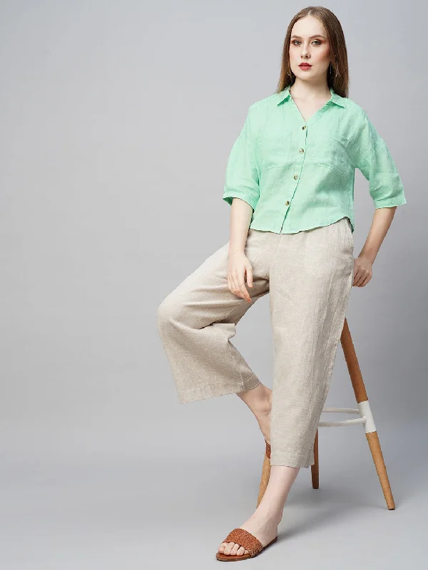Women's Green Linen Loose Fit Blouse Casual Stripe Blouse