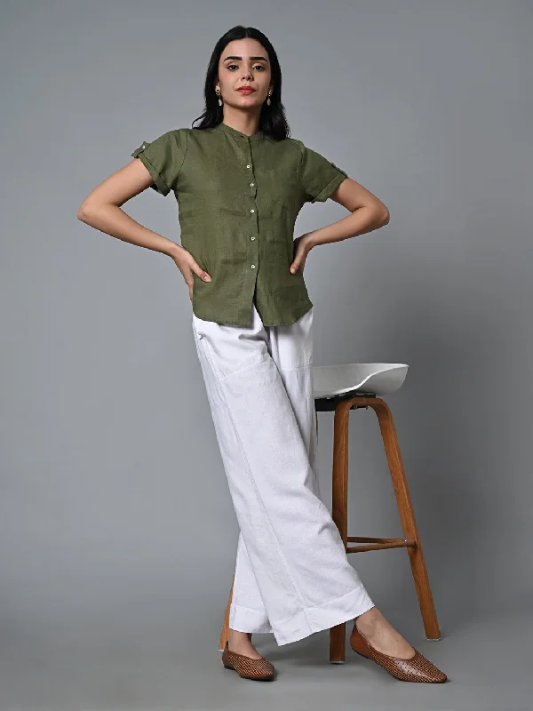 Women's Olive Linen Regular Fit Blouse Embroidered Cotton Blouse