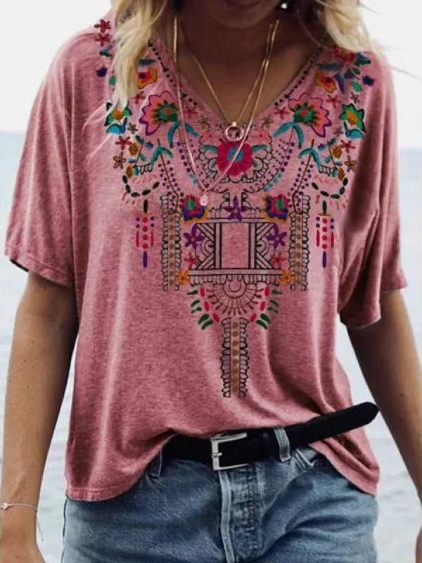 Women V-Neck Boho Summer Vintage Blouse Loose Oversized Blouse