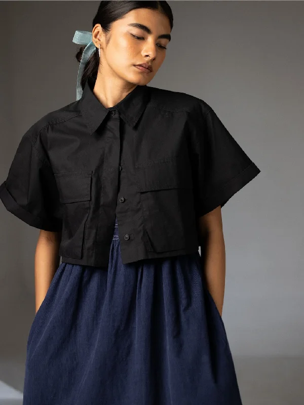 Women's Black Cotton Boxy Fit Blouse Silky Draped Blouse