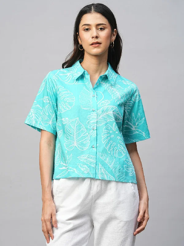 Women's Aqua Cotton Regular Fit Blouse Playful Puff Blouse