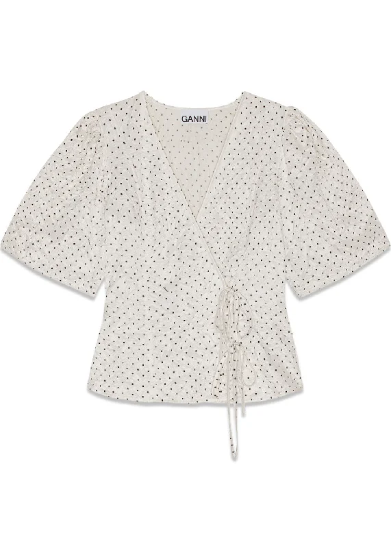 Crinkled Satin Wrap Blouse - Egret High Neck Blouse