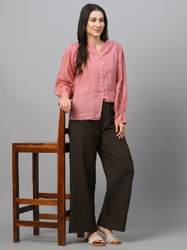 Women's Rose Linen Regular Fit Blouse Business Casual Blouse