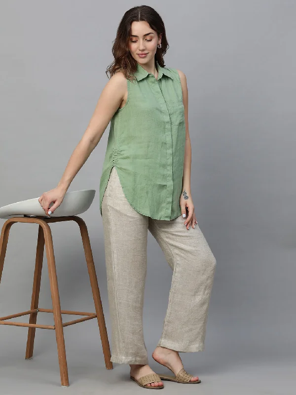Women's Green Linen Regular Fit Blouse Chic Wrap Blouse