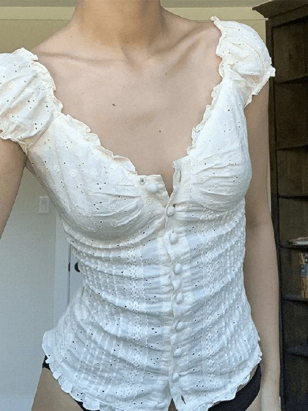 Button Down Broidered Lace Crop Blouse Romantic Lace Blouse