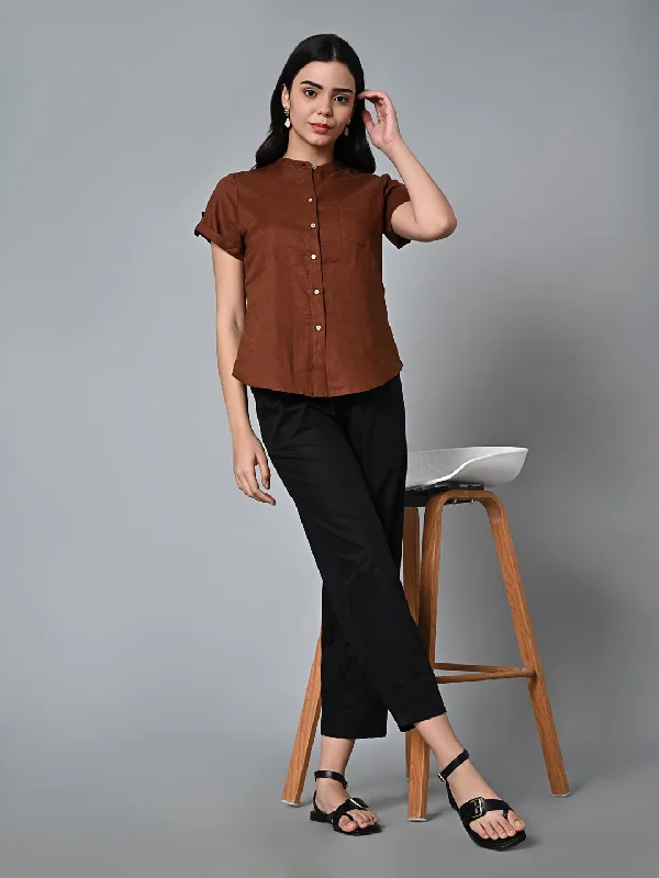 Women's Brown Linen Regular Fit Blouse Delicate Pleat Blouse