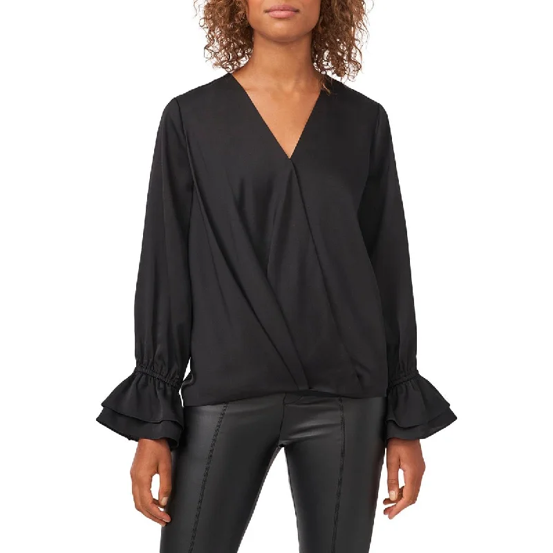 Womens Satin Wrap Front Blouse Balloon Sleeve Blouse