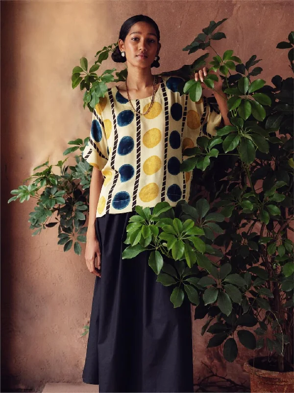 Women's Ajrak Hand Block Printed Boxy Fit Modal Mustard Blouse Wrap Front Blouse