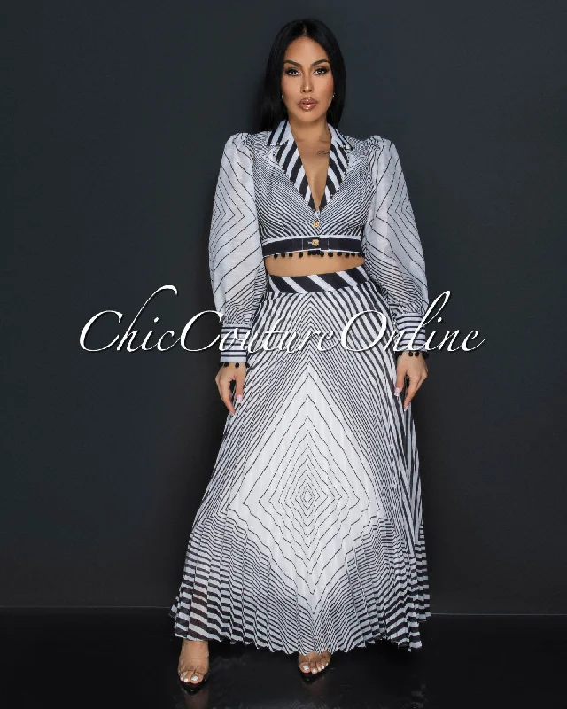 Varouna Black White Print Blouse & Pleated Long Skirt Set Puff Sleeve Blouse