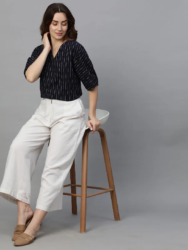 Women's Navy Cotton Regular Fit Blouse Casual Button Blouse