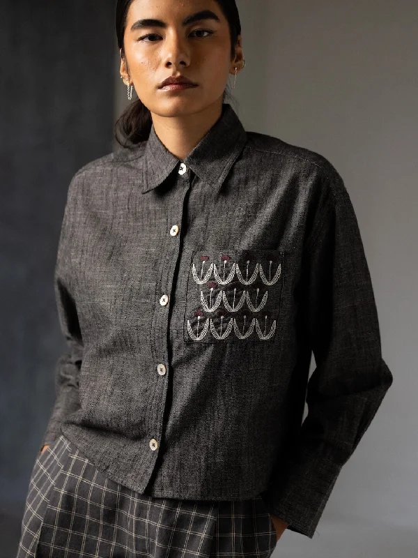 Women's Black Cotton Boxy Fit Blouse Semi-Sheer Blouse
