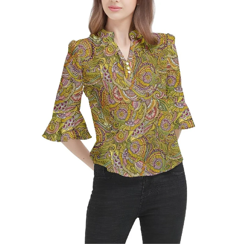 Wanda Stand Collar Bell Sleeve Blouse Double Button Blouse