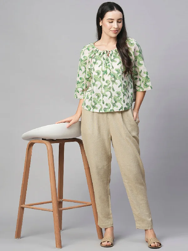 Women's Green Cotton Flax Regular Fit Blouse Flowy Bohemian Blouse