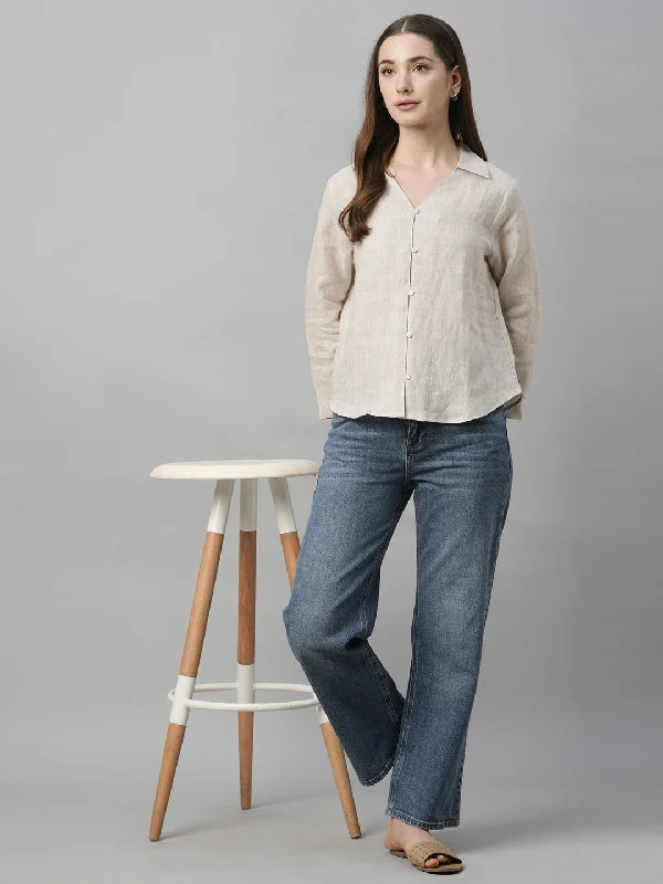 Women's Natural Linen Regular Fit Blouse Elegant Peplum Blouse