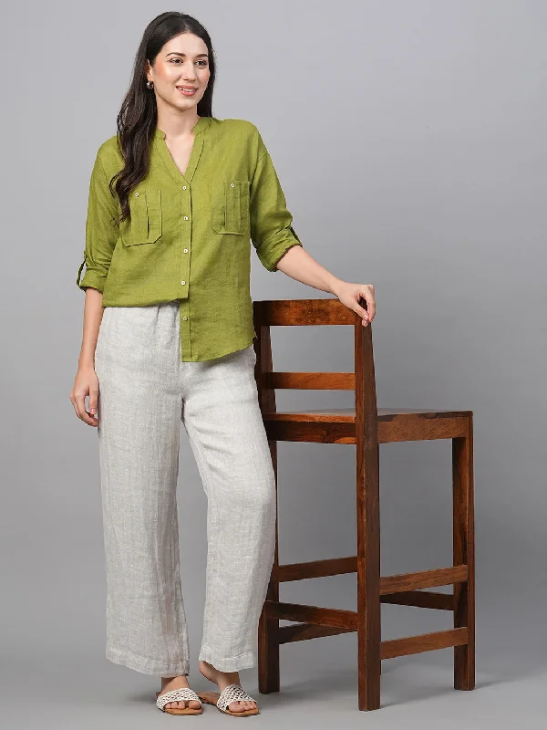 Women's Green Linen Regular Fit Blouse Chic Square Blouse