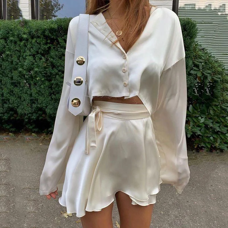 Paradise City Button Front Satin Blouse & Self Belted Skirt Set Silky Tunic Blouse