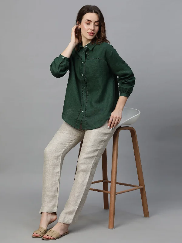 Women's Darkgreen Linen Regular Fit Blouse Feminine Ruffle Blouse