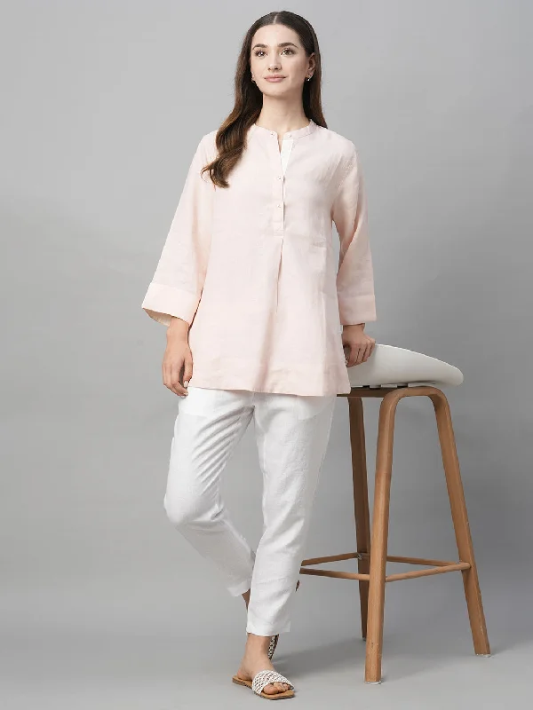 Women's Pink Linen Regular Fit Blouse Off-Shoulder Wrap Blouse