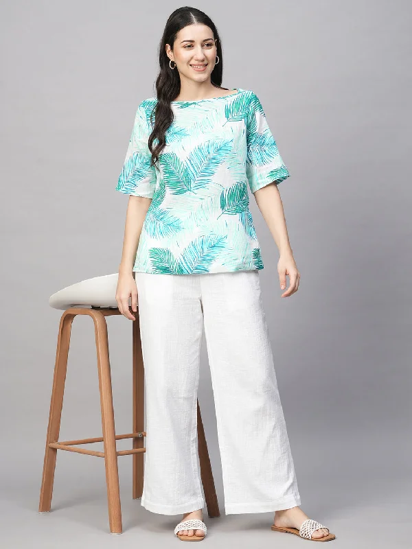 Women's Blue Cotton Flax Regular Fit Blouse Sheer Sleeve Blouse