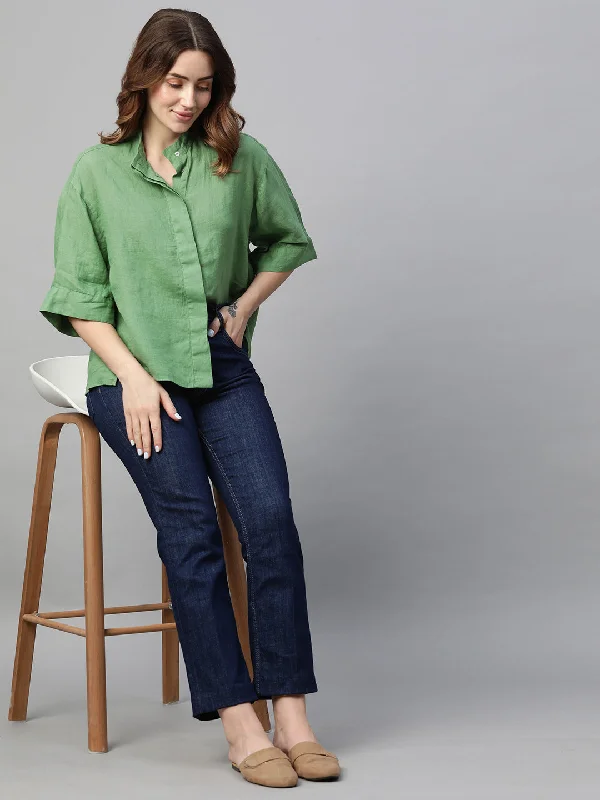 Women's Green Linen Regular Fit Blouse Gathered Detail Blouse