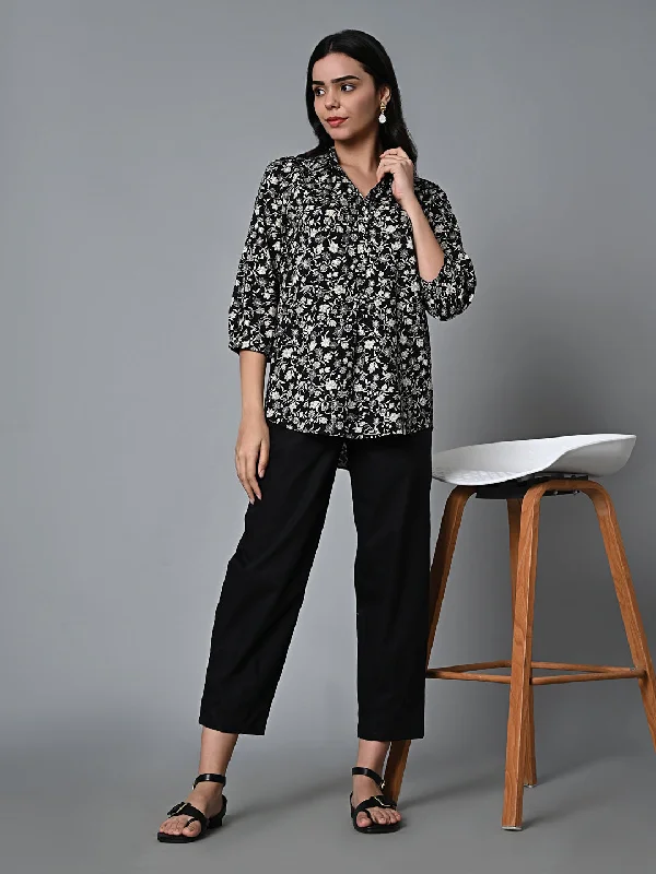 Women's Black Viscose Regular Fit Blouse Collared Satin Blouse