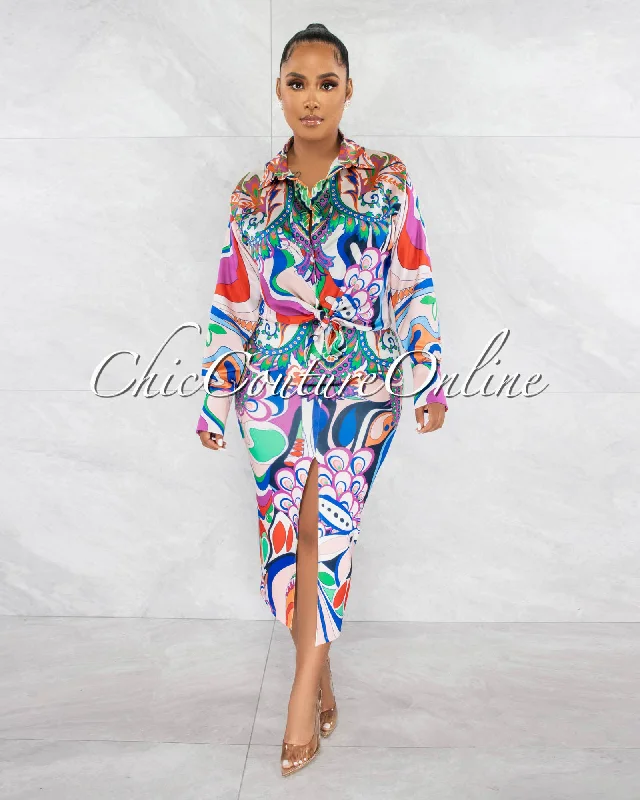 Carmelia Multi-Color Print Silky Blouse & Midi Skirt Set Asymmetric Hem Blouse