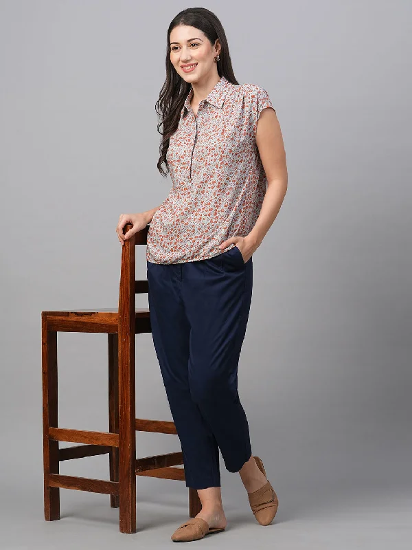 Women's Blue Viscose Boxy Fit Blouse Elegant Lace Blouse