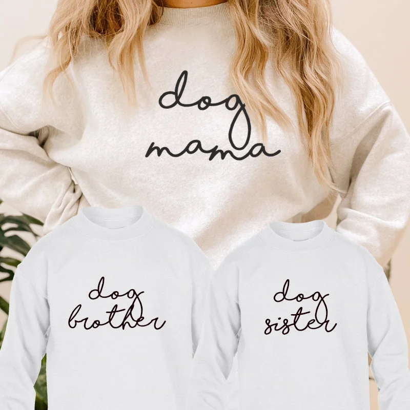 Dog Mama, Bro & Sis Retro Script Matching Sweatshirts Hoodie with Oversized Fit Loose Comfortable
