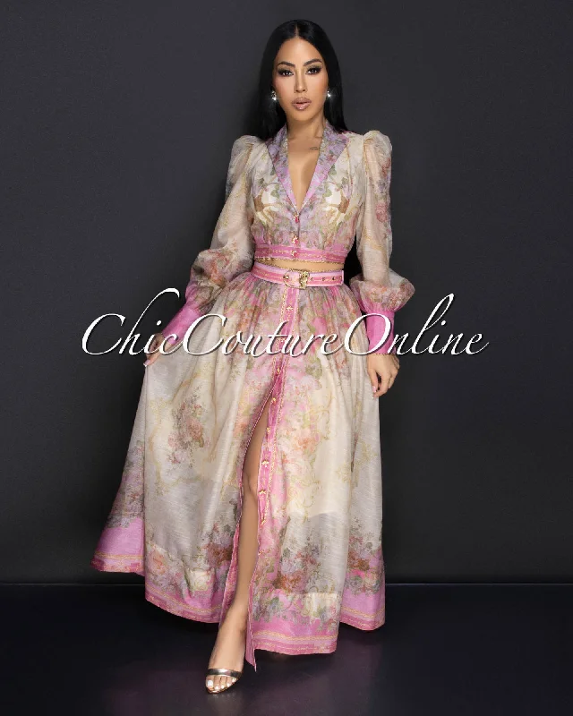 Mimu Pink Nude Floral Blouse & Belted Long Skirt Set Classic Striped Blouse