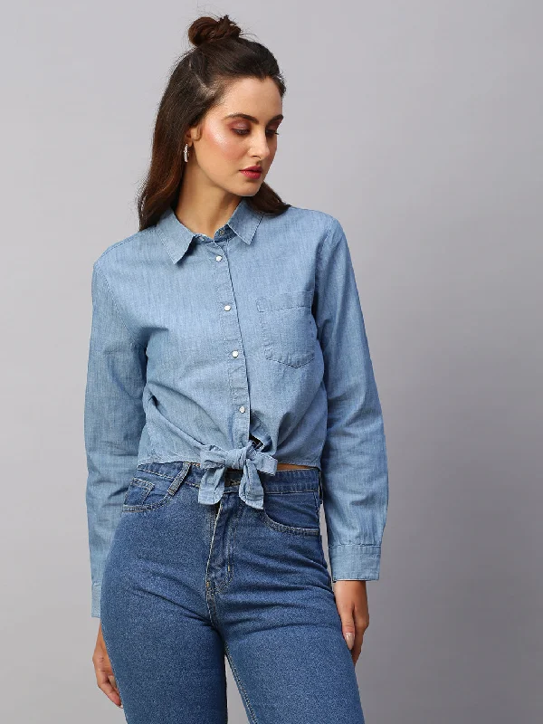 Women's Denim Cotton Regular Fit Blouse Peter Pan Collar Blouse